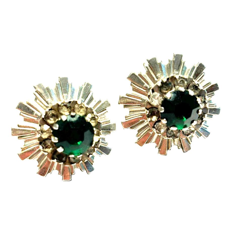 Vintage screw back earrings textured silvertone & deep green rhinestone centers